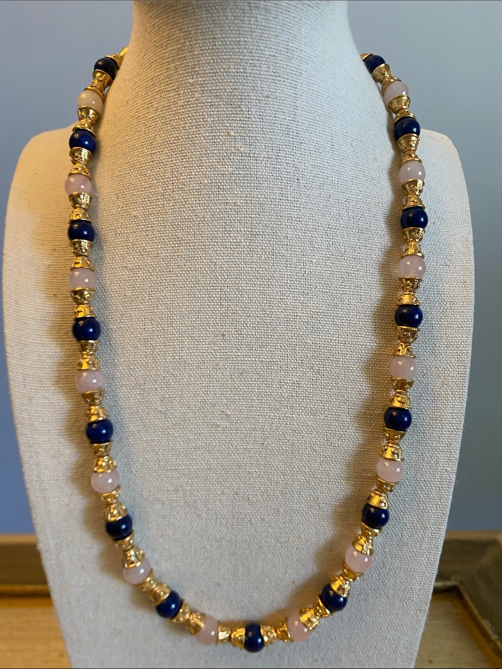 Vintage Lapis Lazuli Rose Quartz 14/20 Gold Filled Necklace